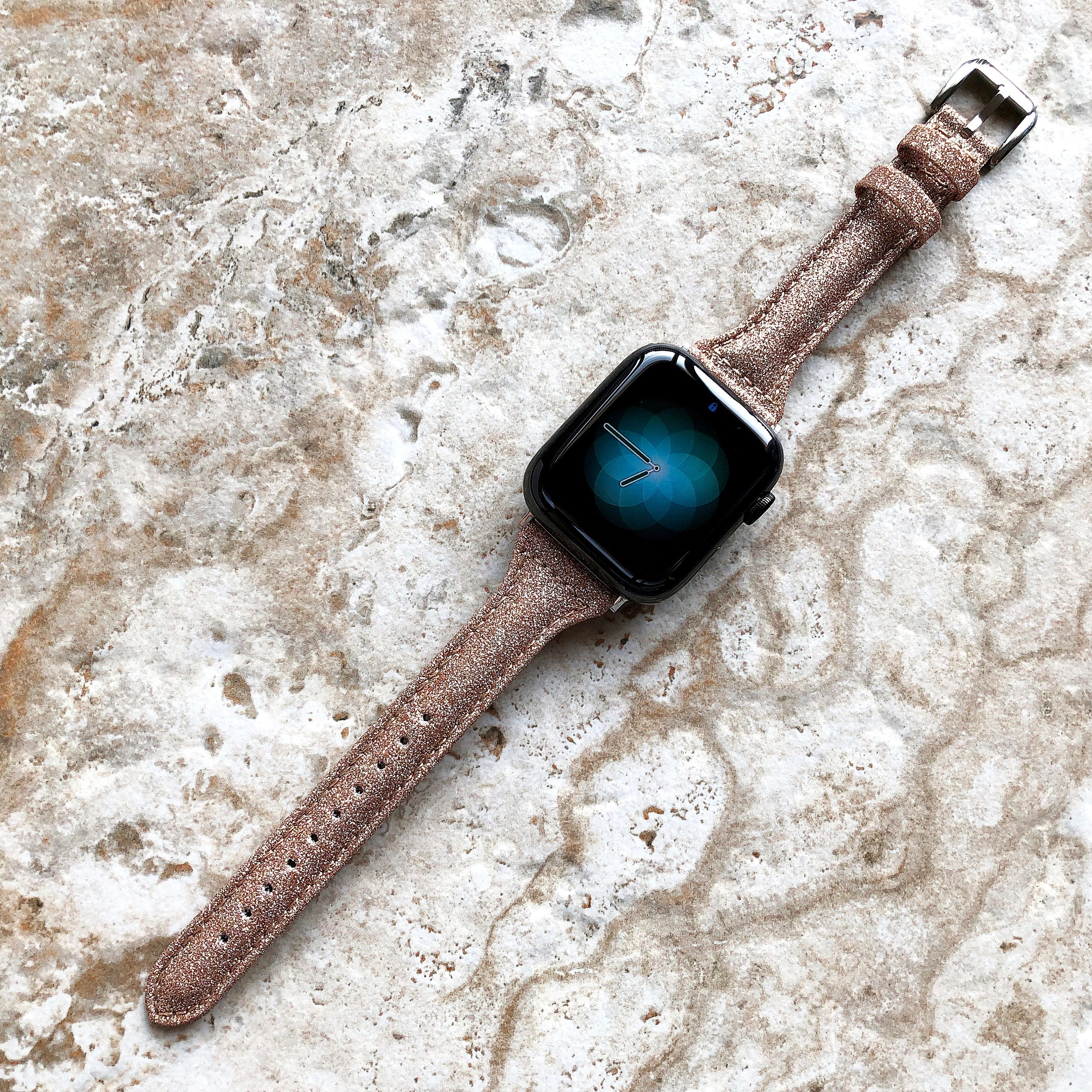 Apple Gold Sparkling Glitter Slim Elegant Soft Leather Band Strap Bracelet for iWatch All Series 38mm 40mm 41mm 42mm 44mm 45mm 49mm Case